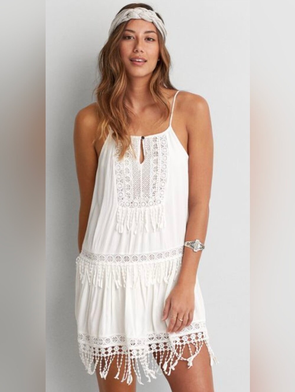 American Eagle White Boho Lace Fringe Dress